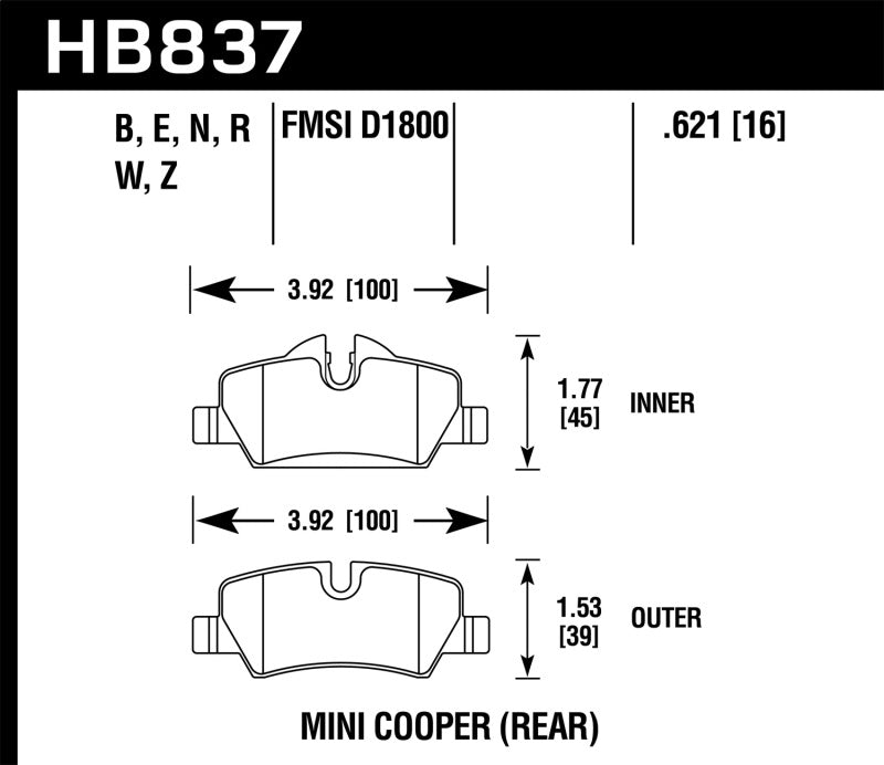 Hawk Performance 14-19 Mini Cooper Blue 9012 Rear Motorsports Brake Pads